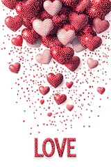 Many red hearts drawn on white background. Abstract background for valentine's day. Greeting card with love concept, vertical banner with copy space