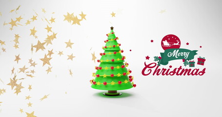 Fototapeta premium Image of christmas greetings text over christmas tree and stars decorations