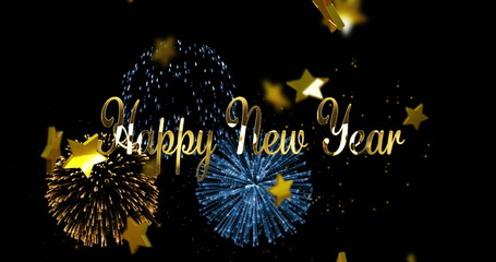 Image of happy new year greetings text over stars and fireworks © vectorfusionart