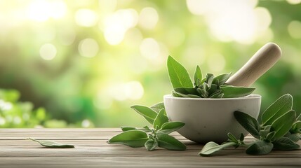 A mortar and pestle with fresh sage leaves in front of a green nature background.