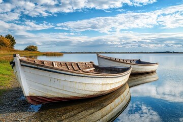 Obraz premium Two white wooden boats on a calm lake shore with blue sky and clouds.