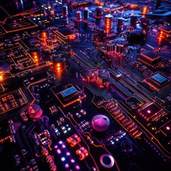 Fototapeta premium Intricate electronic circuit board with vibrant neon-like lighting