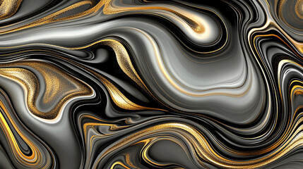 Obraz premium Abstract background with swirling black, gold, and white paint in a liquid marble style.