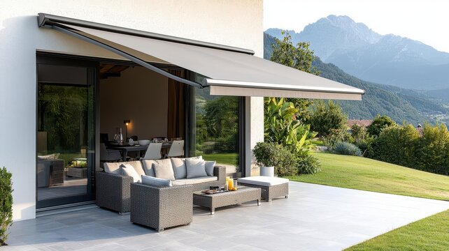 Motorized retractable awning extending over a stylish patio with furniture, Outdoor luxury, sun protection