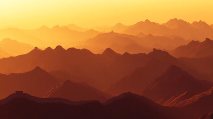 Fototapeta premium stunning silhouette of Great Wall of China against golden sunset, showcasing majestic mountains in background. scene evokes sense of tranquility and wonder