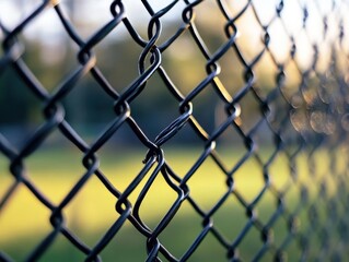 Naklejka premium Close-up of a metal wire fence with a blurred natural background