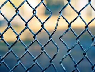 Fototapeta premium Close-up view of a rusted metal wire fence against a blurred natural background