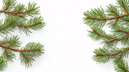 Pine tree branches elegantly frame a blank white space, showcasing rich green needles with hints of earthy brown. The minimalistic setting emphasizes nature's beauty, creating a serene,...