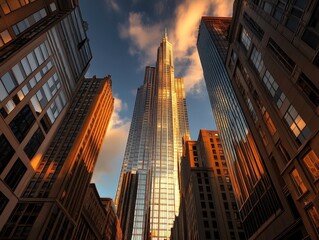 Towering skyscrapers against a dramatic sky at sunset in a bustling city