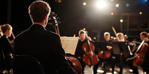 A classical music performance featuring an orchestra or solo musician in a concert hall setting.