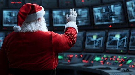 Santa Claus Waving Farewell to Elves in Futuristic North Pole Control Room with Glowing Displays