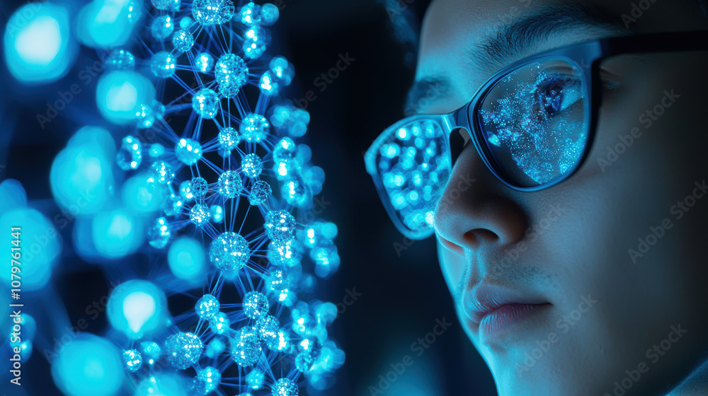 Poster quantum computing data analytics concept. a focused youth wearing glasses gazes at glowing molecular