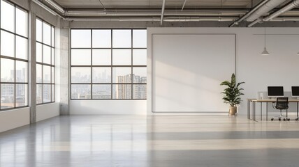 Fototapeta premium Openconcept workspace with concrete floors, metal furniture, and large windows framed by steel beams open workspace, industrial design
