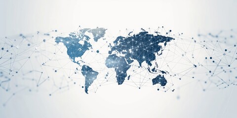 A clean infographic design showing global network connections with icons representing data transfer and international communication.