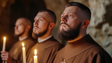 Orthodox Christian monks holding candles, chanting ancient hymns in a dimly lit monastery   Orthodox Christianity, monastic life
