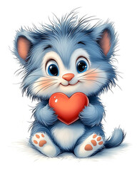 Fototapeta premium A cute blue cat holding a red heart. The cat is smiling and looking at the camera. Concept of warmth and affection