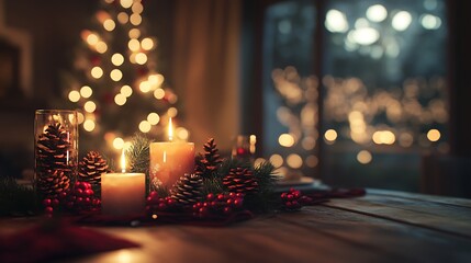 Fototapeta premium A romantic Christmas dinner table setting for two, adorned with flickering candles and soft lighting, a festive centerpiece of pine cones and red berries,