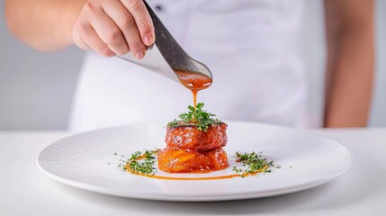 A chef delicately pouring sauce over a beautifully plated dish, showcasing culinary art and precision in modern gastronomy.