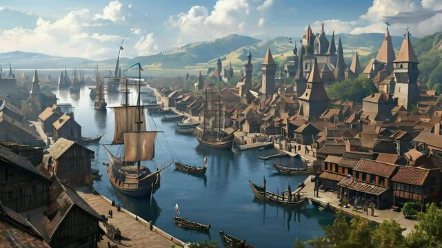 An expansive medieval port town, with wooden ships anchored and distant hills dotted with windmills.