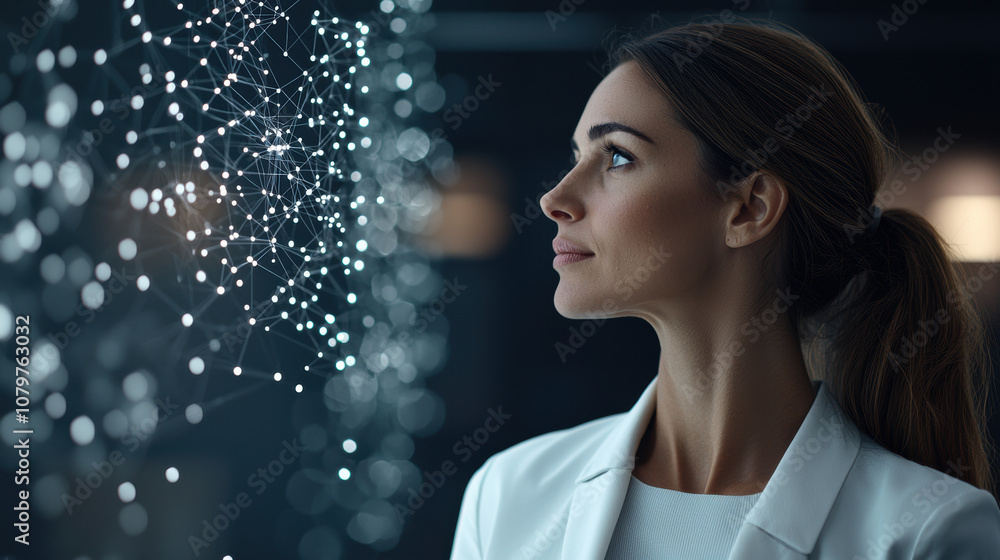 Poster quantum computing data analytics concept. a woman in a white outfit gazes thoughtfully at a digital 