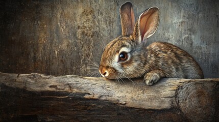 Close-up of a curious rabbit resting on a weathered wooden surface