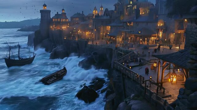A view of a medieval harbor from a cliff, with waves crashing against the stone docks and lanterns glowing in the evening.