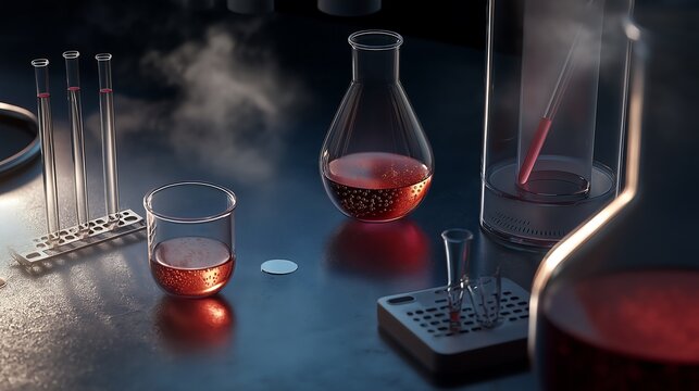 A laboratory scene featuring various glassware with reddish liquid, emitting steam, suggesting ongoing chemical reactions.