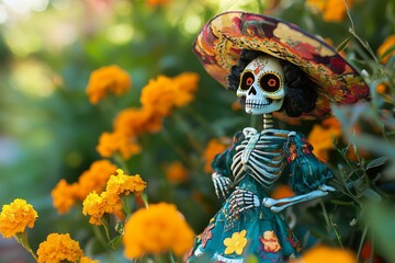 Day of the Dead Skeleton Doll in a Garden of Marigolds
