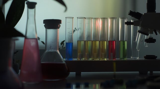 A vibrant setup showcasing various test tubes filled with colorful liquids in a laboratory environment.