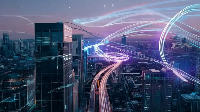A high-tech cityscape with flowing neon-colored digital data paths and abstract information flow