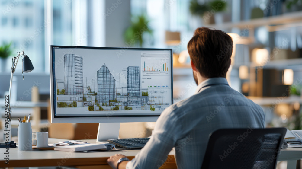 Poster architect working on building designs and pricing strategies in modern office environment, showcasin