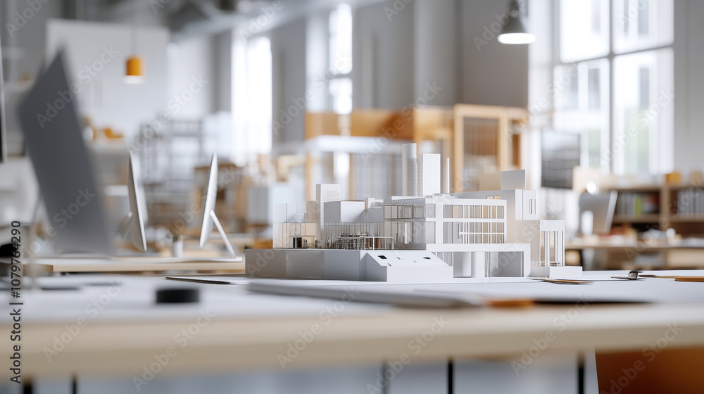 Poster modern architectural model displayed in bright office environment, showcasing design creativity and 
