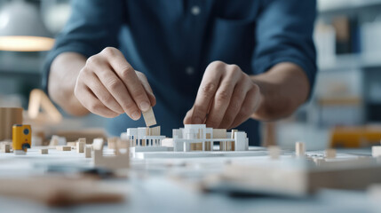 person assembling miniature architectural model with wooden pieces, showcasing creativity and design skills