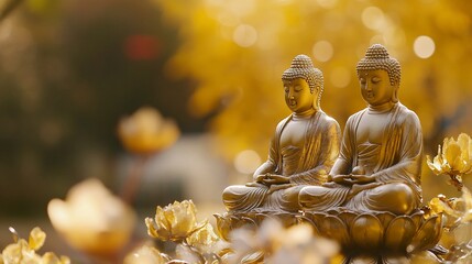 Two golden Buddha statues sitting in meditation pose, surrounded by delicate white flowers and a blurred golden background.