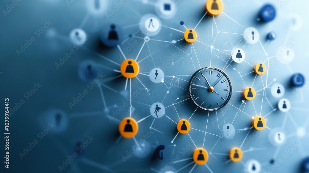 Poster interconnected network of icons representing people and time, showcasing relationships and communica