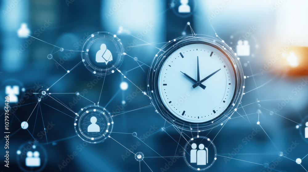 Poster clock with interconnected icons representing time management, networking, and communication in digit