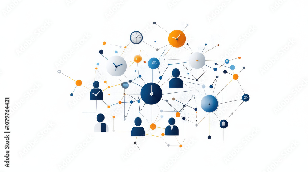 Poster connecting people and time through network of clocks and icons, this minimalistic design illustrates
