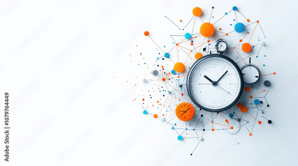 Poster modern clocks with colorful abstract elements and connections