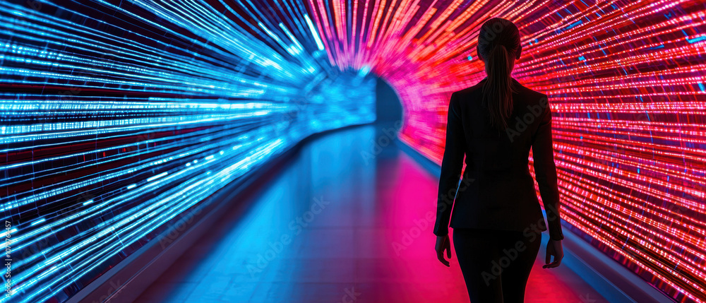 Aufkleber quantum computing data analytics concept. a silhouette walks through a vibrant, futuristic tunnel of