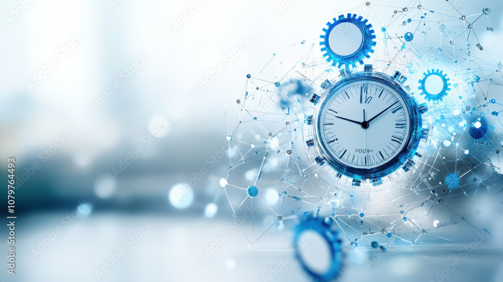 Poster time concept with clock and gears in digital network