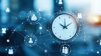 Clock with interconnected icons representing time management, networking, and communication in digital environment, symbolizing efficiency and productivity