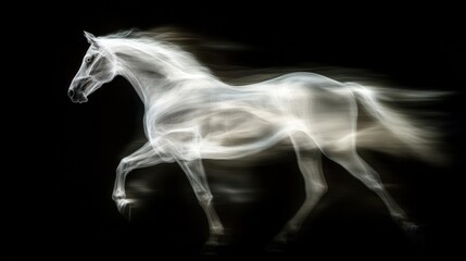 Ethereal white horse in motion against a dark background