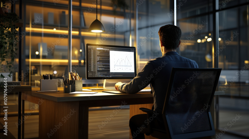 Poster person working at modern desk in well lit office, analyzing data on computer screen. atmosphere is f