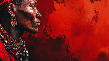 Close up of Maasai warrior from Kenya, adorned with vibrant jewelry and traditional attire, showcasing cultural heritage against striking red background