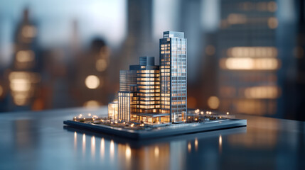 Modern architectural model of city skyline with illuminated buildings, showcasing urban design and creativity. intricate details highlight contemporary structures and city life