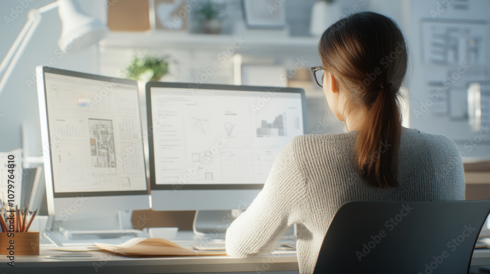 Poster woman working at desk with dual monitors displaying data and charts, focused on her tasks in modern 