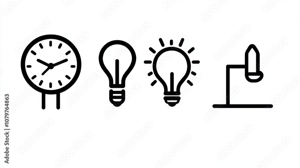 Poster minimalistic icons featuring clock, light bulbs, and desk lamp, showcasing smooth lines and modern d