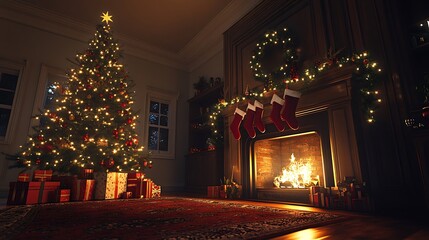 Charming Christmas living room, traditional tree with red and gold decorations, stockings on the mantel, fairy lights providing a soft glow, cozy fireplace with flickering flames,