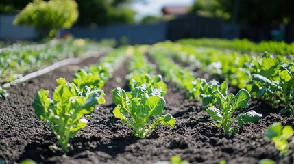 Organic vegetables growing in neat rows in a backyard garden.