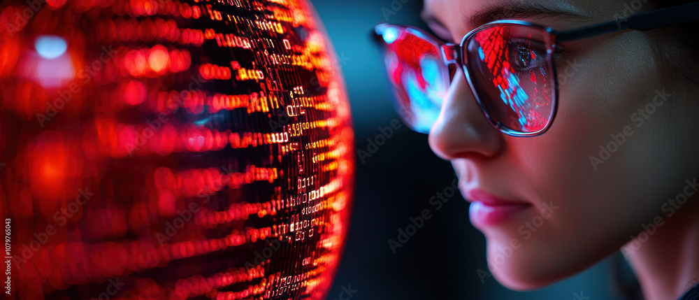 Poster quantum computing data analytics concept. a focused individual with glasses observes a glowing, data